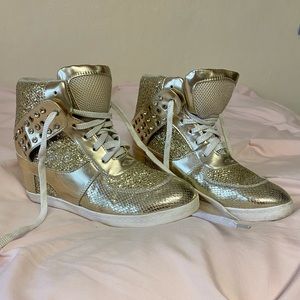 Shiny Gold High Top Wedge Sneakers